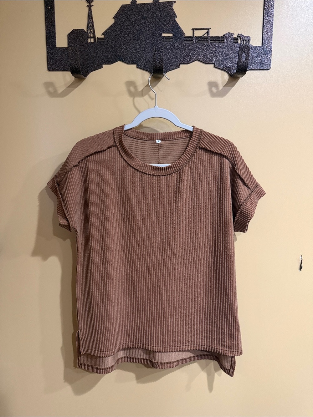 Waffle Knit Short Sleeve Top - Brown